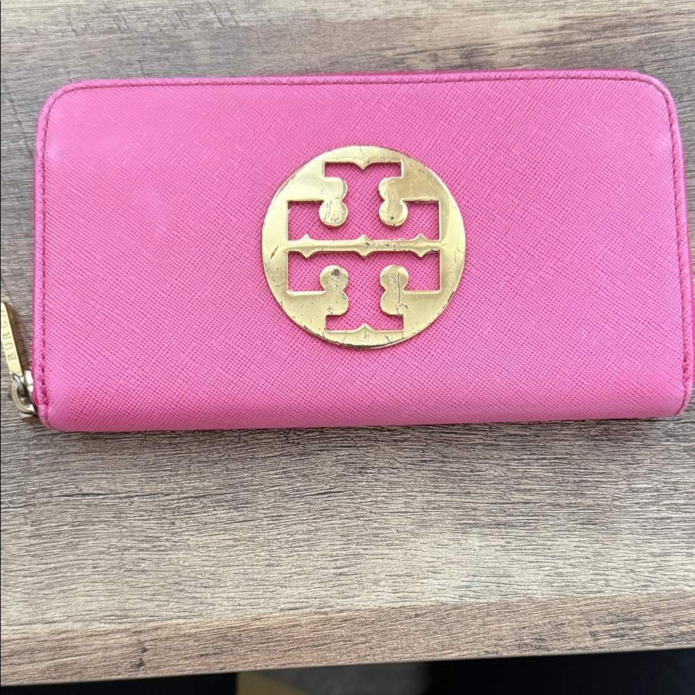 Tory Burch Pink Zip Around Wallet with Gold Logo